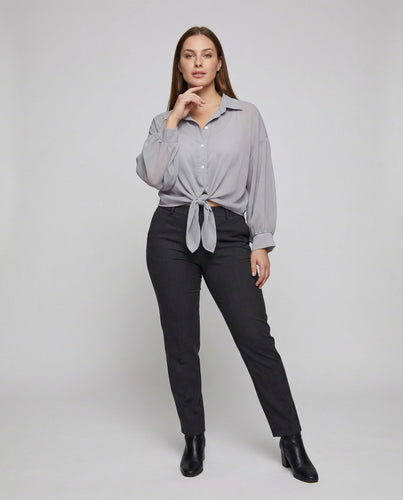 Damen Chiffonbluse Knotenfront Ballonärmel