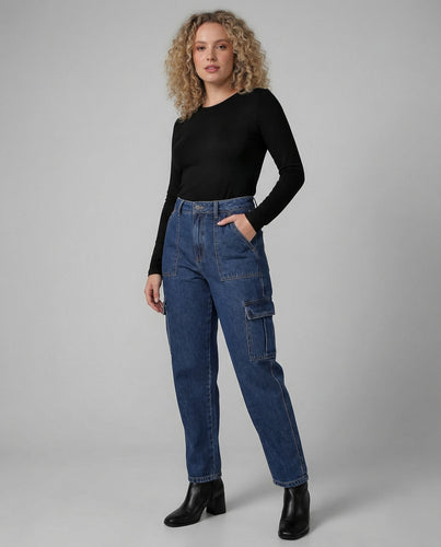 Damen Cargohose Gewaschener Jeansstoff