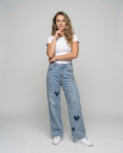 Damen Denim-Palazzohose Herzförmige Applikationen