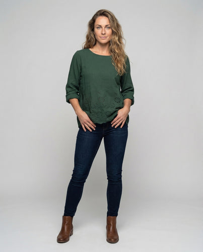 Damen Tunika-Bluse Lochstickerei-Saum