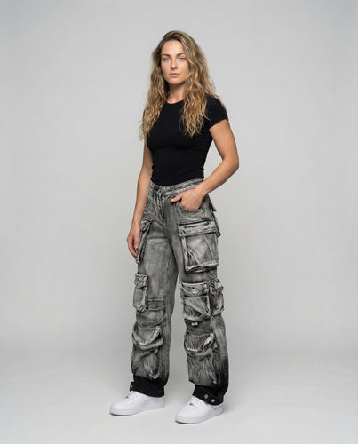 Damen Utility-Denim-Hose Verstellbare Beinriemen