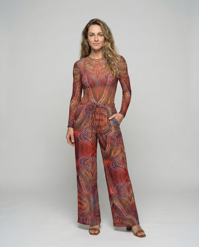 Damen Mesh-Set Palazzo-Hose Ethno-Muster