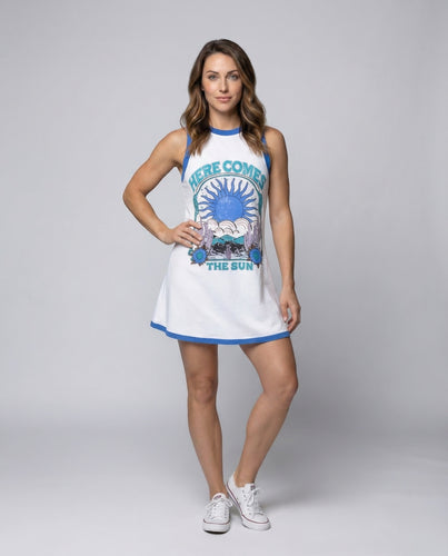 Damen Minikleid Retro-Sonnenprint Kontrastpaspel