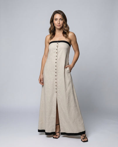 Damen Bandeau-Leinen-Maxikleid Zierknopfleiste