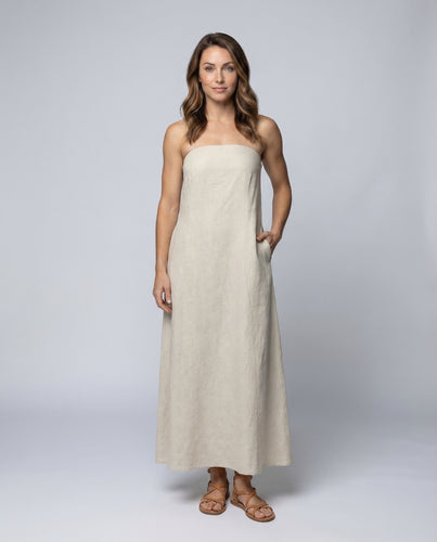 Damen Bandeau-Maxikleid Leinenmix Seitentaschen