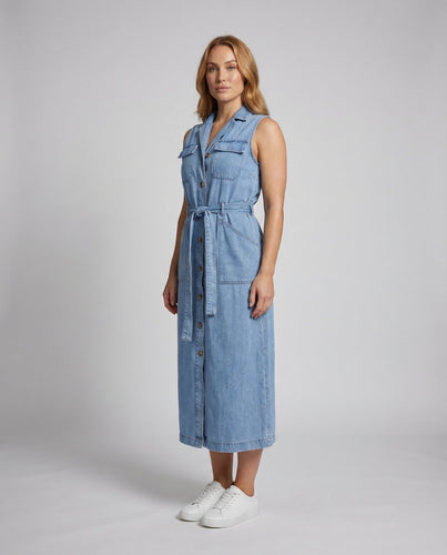 Damen Jeans-Maxikleid Bindegürtel Beinschlitz