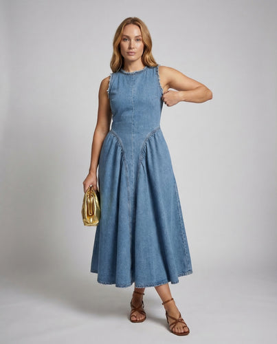Damen Jeans-Midikleid Ausgestellter Bahnenrock