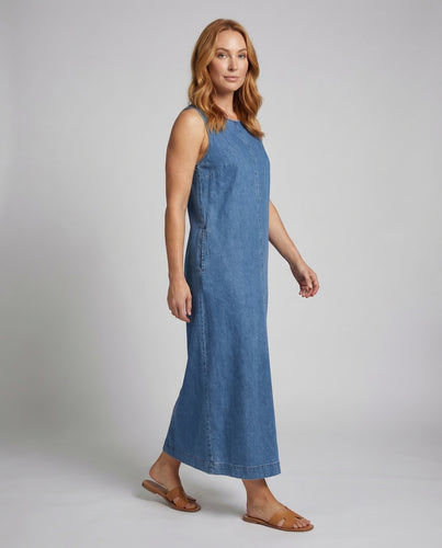 Damen Jeansstoff-Maxikleid Mittige Naht