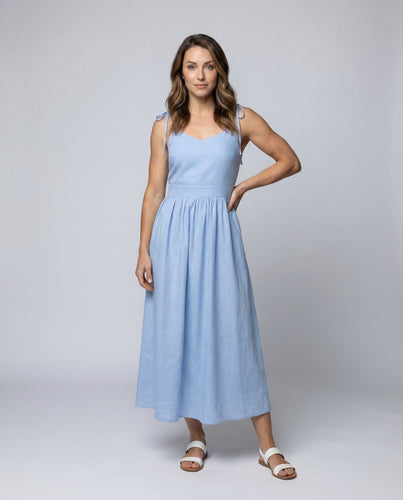 Damen Leinen-Maxikleid Geraffte Empire-Taille