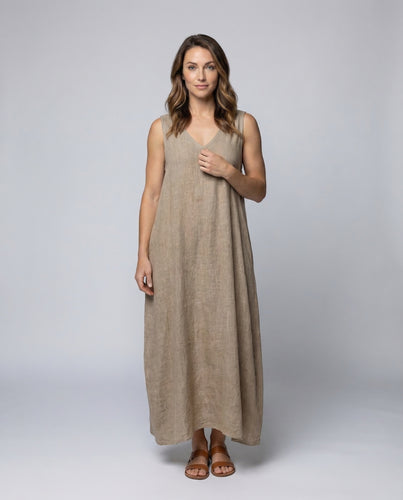 Damen Leinen-Midaxi-Kleid Gerundeter Saum