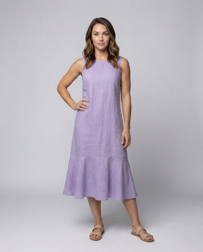 Damen Leinenmix-Midikleid Ausgestellte Stufenkante