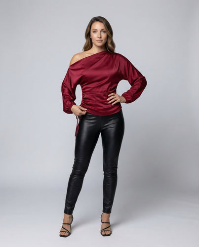 Damen Asymmetrische Satinbluse Ballonärmel