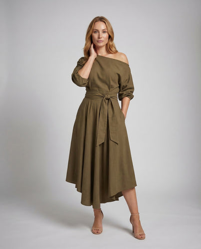 Damen One-Shoulder Midikleid Bindegürtel