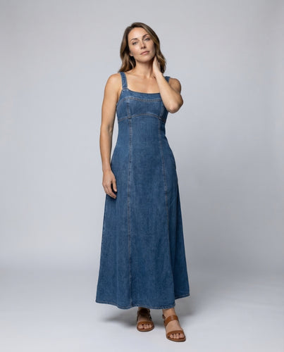 Damen Jeans-Kleid Karrée-Ausschnitt Nahtpaneele