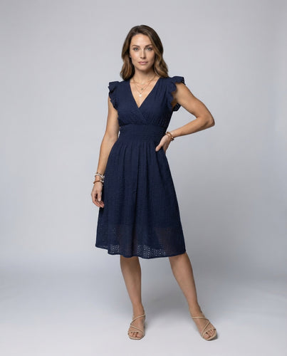 Damen Midikleid Lochstickerei Rüschenärmel