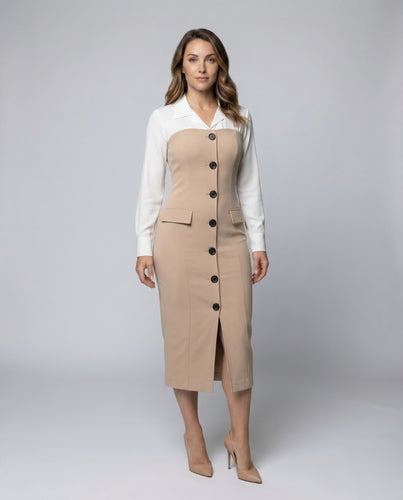 Damen Bleistiftkleid Hemdkragen Zierpatten
