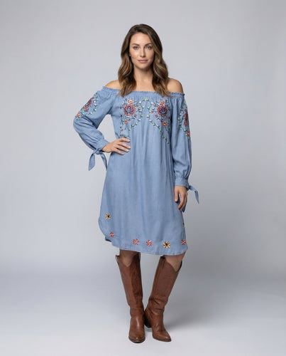 Damen Boho-Chambray-Kleid Smockierter Carmen-Ausschnitt