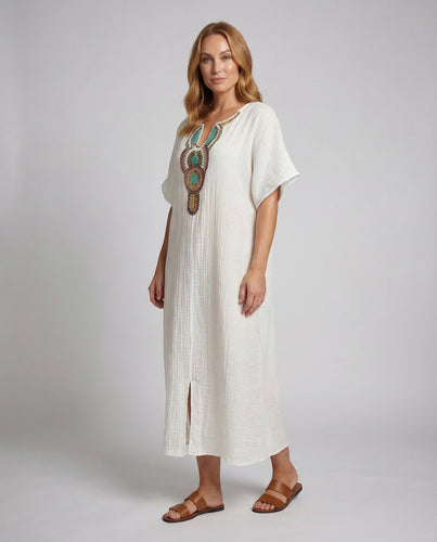 Damen Boho-Gaze-Maxikleid Bestickte Schmuckpasse