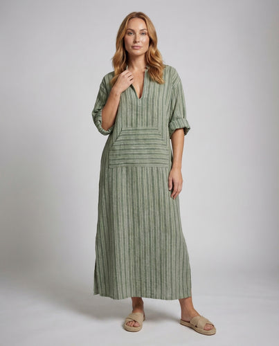 Damen Boho-Maxikleid Leinenmix Streifenstruktur