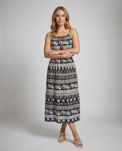 Damen Boho-Maxikleid Ethno-Elefantenbordüre