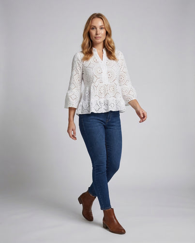 Damen Broderie-Anglaise-Bluse Glockenärmel