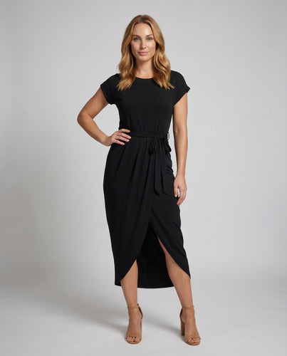 Damen Jersey-Midikleid Tulpenrock Bindegürtel