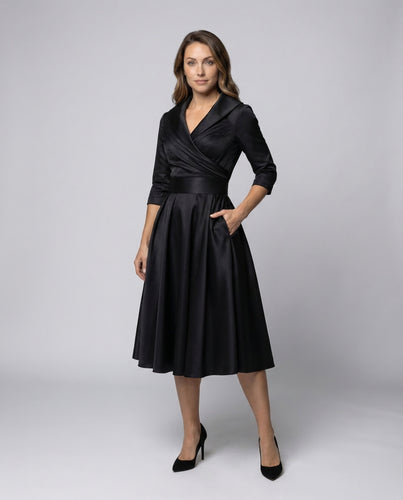 Damen Satin-Midikleid Wickeloberteil Schalkragen