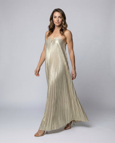 Damen Trägerloses Plissee-Maxikleid Satinoptik