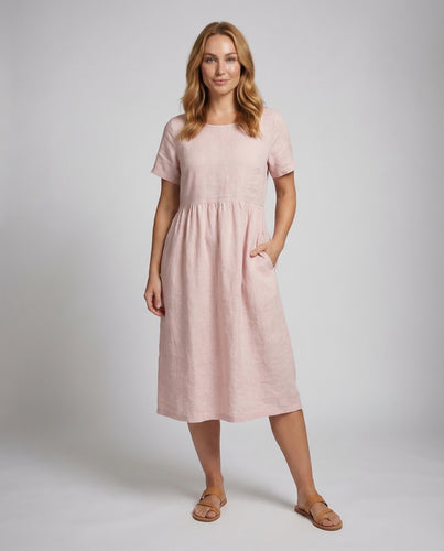 Damen Leinen-Baumwoll-Midikleid Unterbrustraffung