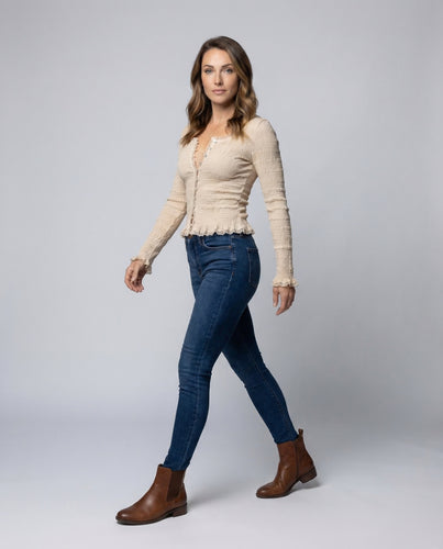 Damen Smock-Langarmbluse Volantbund