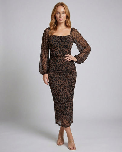 Damen Midikleid Leopardenmuster Ballonärmel