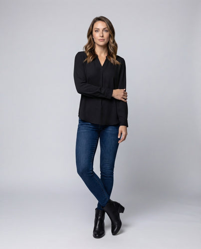 Damen Tunika-Bluse V-Schlitz Manschettenknopf
