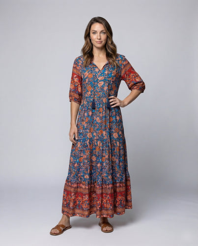 Damen Boho-Maxikleid Stufenvolant Quastenbindung