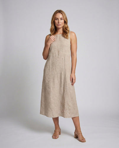 Damen Leinenmix-Midikleid Diagonale Streifenoptik