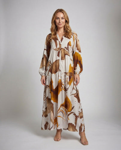 Damen Maxikleid Stufenrock Ballonärmel