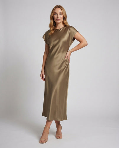 Damen Satin-Maxikleid Cap-Ärmel Schlüssellochverschluss