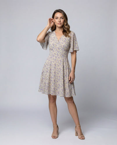 Damen Wickel-Midikleid Flatterärmel A-Linie