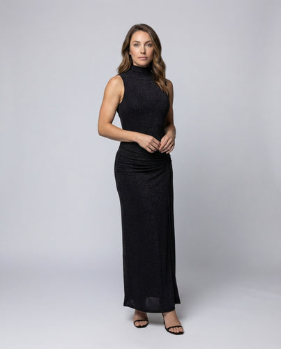 Damen Glitzer-Maxikleid Stehkragen Seitliche Drapierung