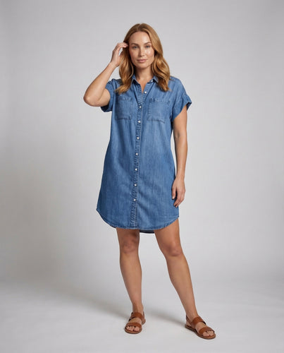 Damen Denim-Hemdblusenkleid Perlmutt-Knopfleiste