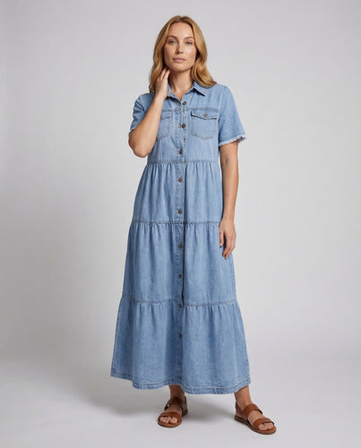 Damen Jeans-Maxikleid Hemdblusenstil Stufenrock