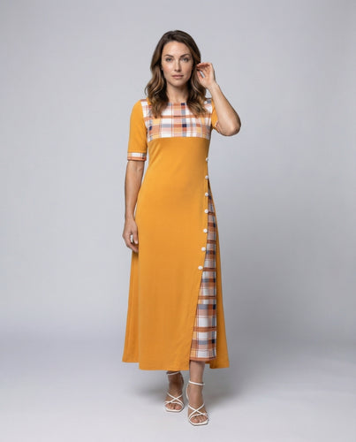 Damen Jersey-Maxikleid Karierter Brustbesatz