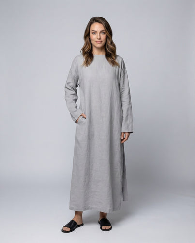 Damen Leinen-Midikleid Taillenschärpe Dreiviertelärmel
