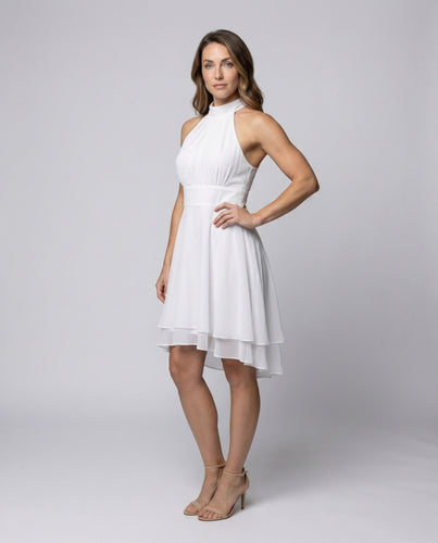 Damen Chiffon-Halterkleid Asymmetrischer Stufensaum