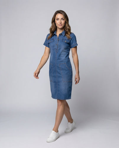 Damen Denim-Hemdkleid Brustpattentaschen Knielang