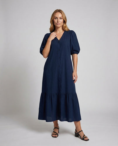 Damen Baumwoll-Leinen-Maxikleid Puffärmel Stufenrock
