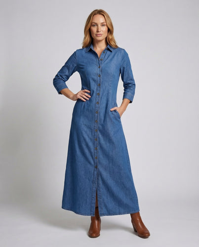 Damen Hemdblusen-Maxikleid Chambray-Optik Vorderer Schlitz