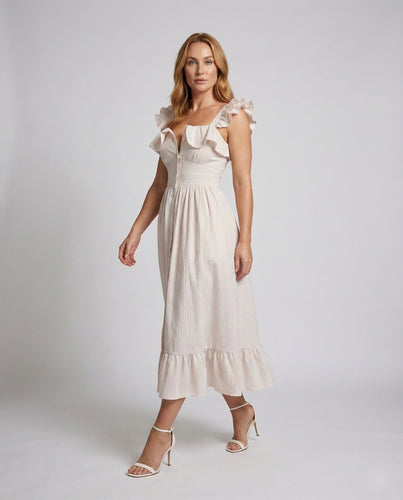 Damen Midikleid Rüschenträger Geraffter Tellerrock