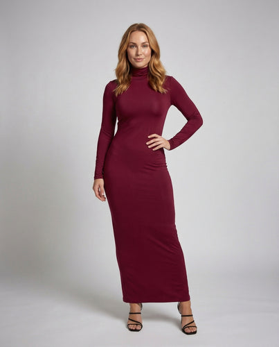 Damen Maxi-Jerseykleid Rollkragen Stretchpassform
