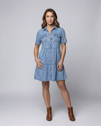 Damen Kurzärmeliges Hemdblusenkleid Stufenrock