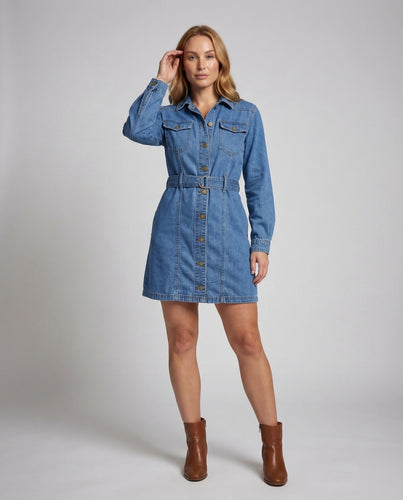 Damen Jeansstoff-Hemdblusenkleid Metallknopfleiste